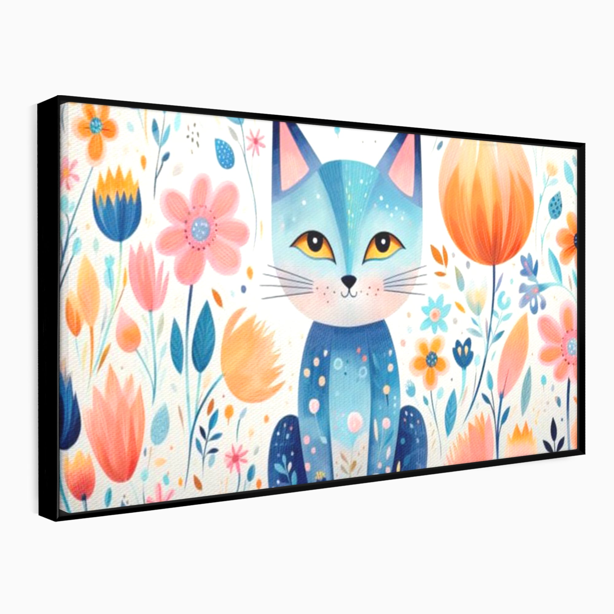 Tablou canvas cu ilustratie digitala cu pisica albastra si flori, in rama de aluminiu negru